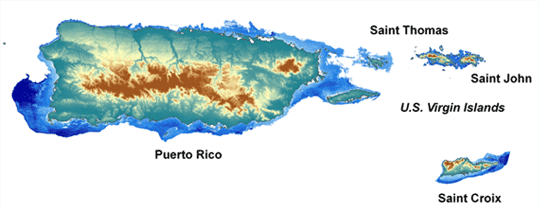 Coastal and landform topography of Puerto Rico and U.S. Virgin Islands.  From NCCOS http://ccma.nos.noaa.gov/ecosystems/coralreef/summit_sea/summit_sea2.aspx.  Culebra and Vieques are the small islands just to the east of Puerto Rico.