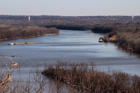 The high bluffs and wide expanse of the river make this SNA the perfect spot for watching bird migration.    Now that the river is ice-free, barge traffic resumes (the one on the left of the photo was moving sand upriver).